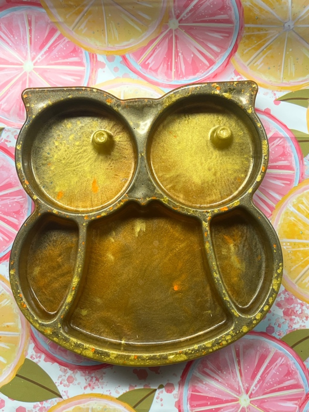 Owl-Shaped Resin Jewelry Tray in Metallic Gold 6"x5.5"